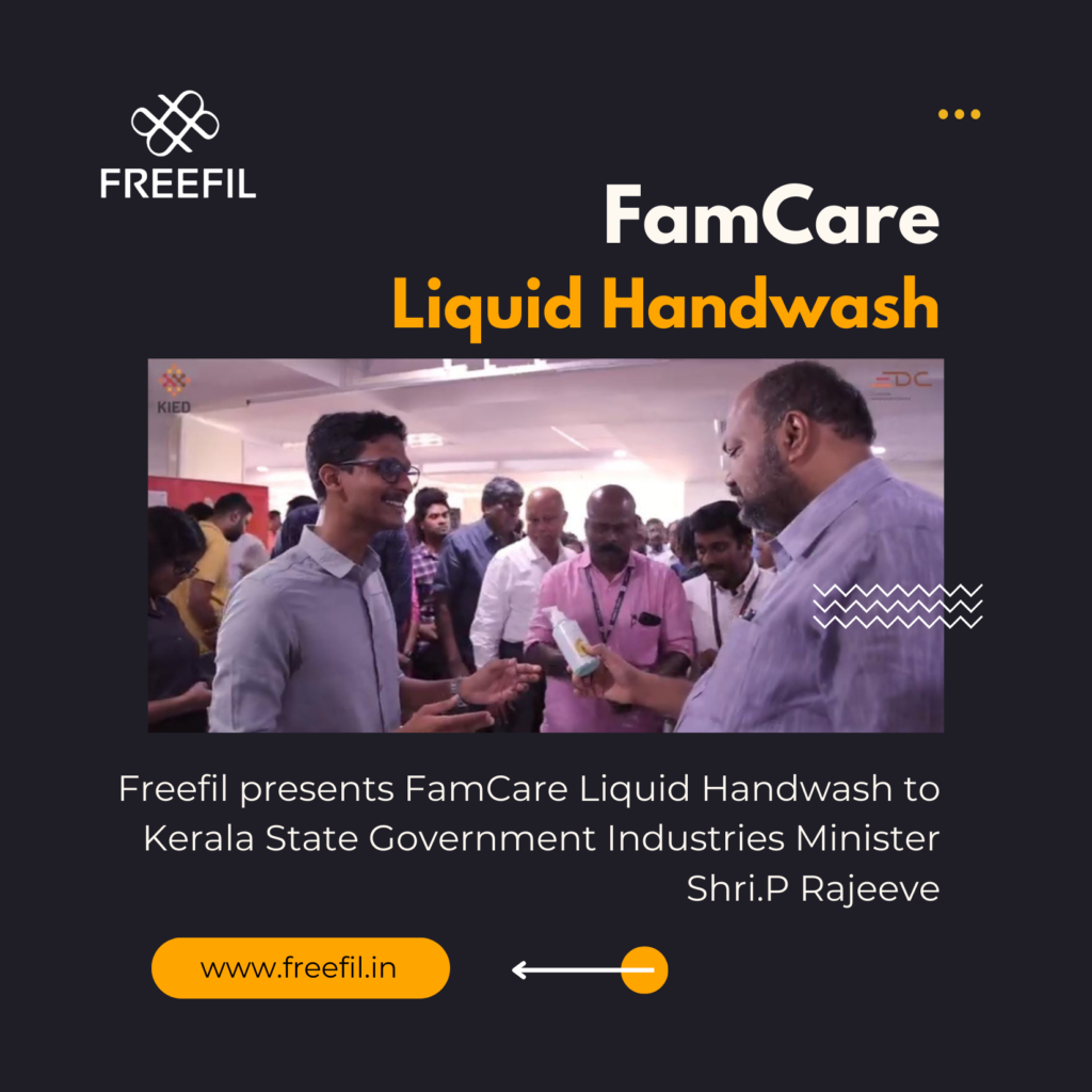 Freefil founder Mr.Manu Francis presents FamCare Liquid Handwash to Kerala State Government Industries Minister Shri.P Rajeeve